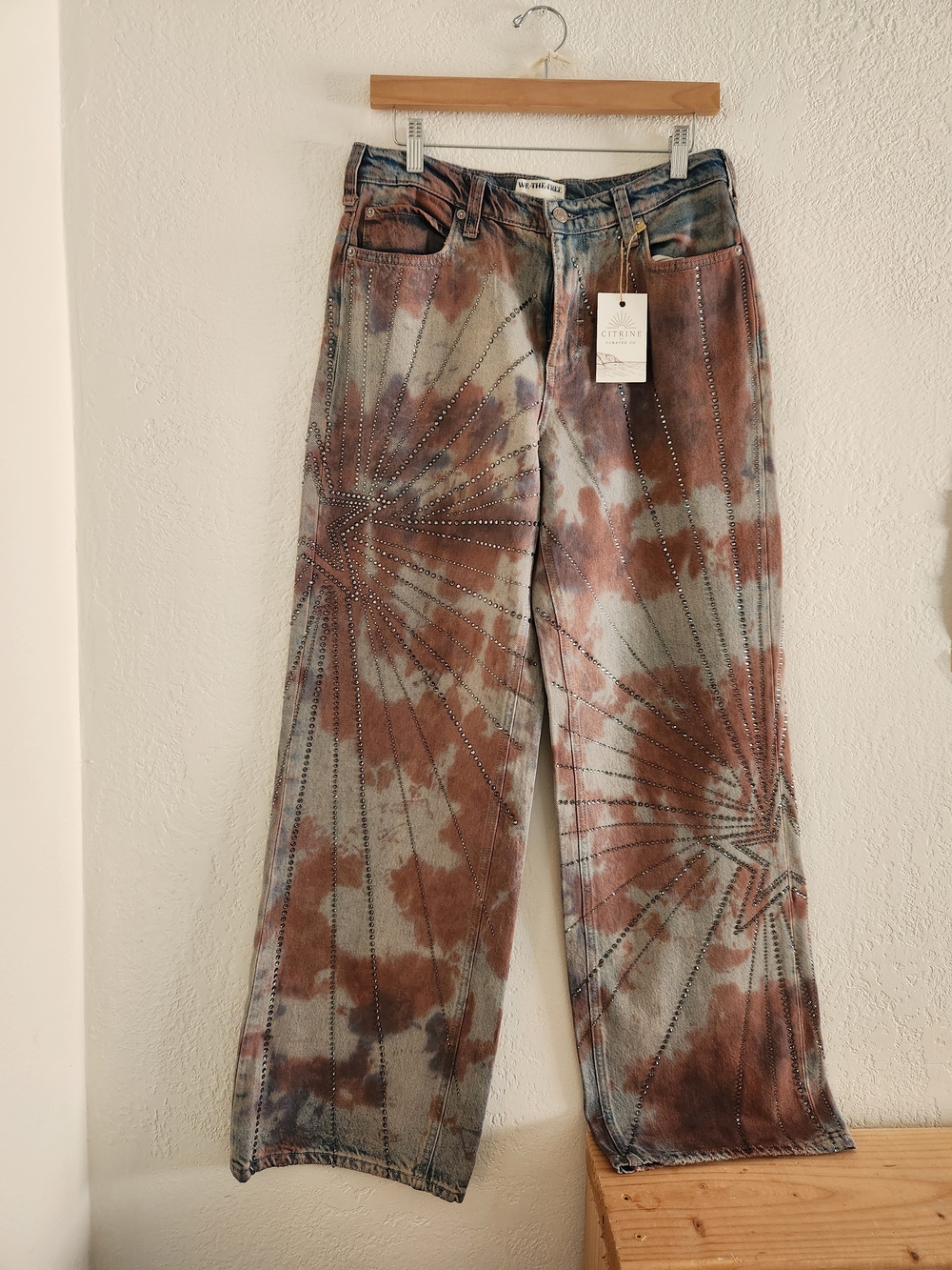 We The Free Wide-Leg Studded Tie-Dye Jeans in Rust and Gray